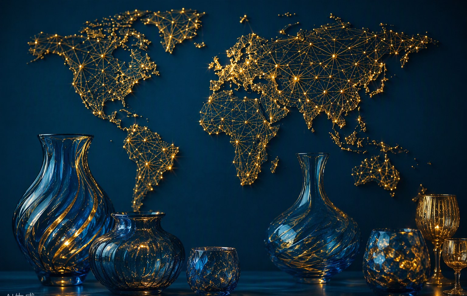 A world map woven in golden light beside glassware — Sanzo’s global reach