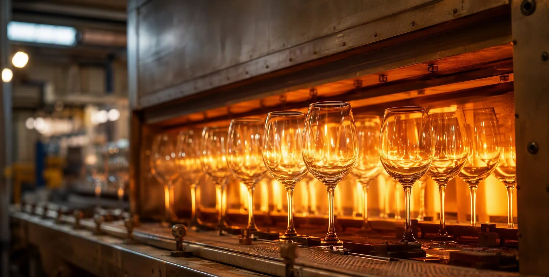 Rows of glassware arranged inside an annealing lehr bathed in a warm orange-red glow