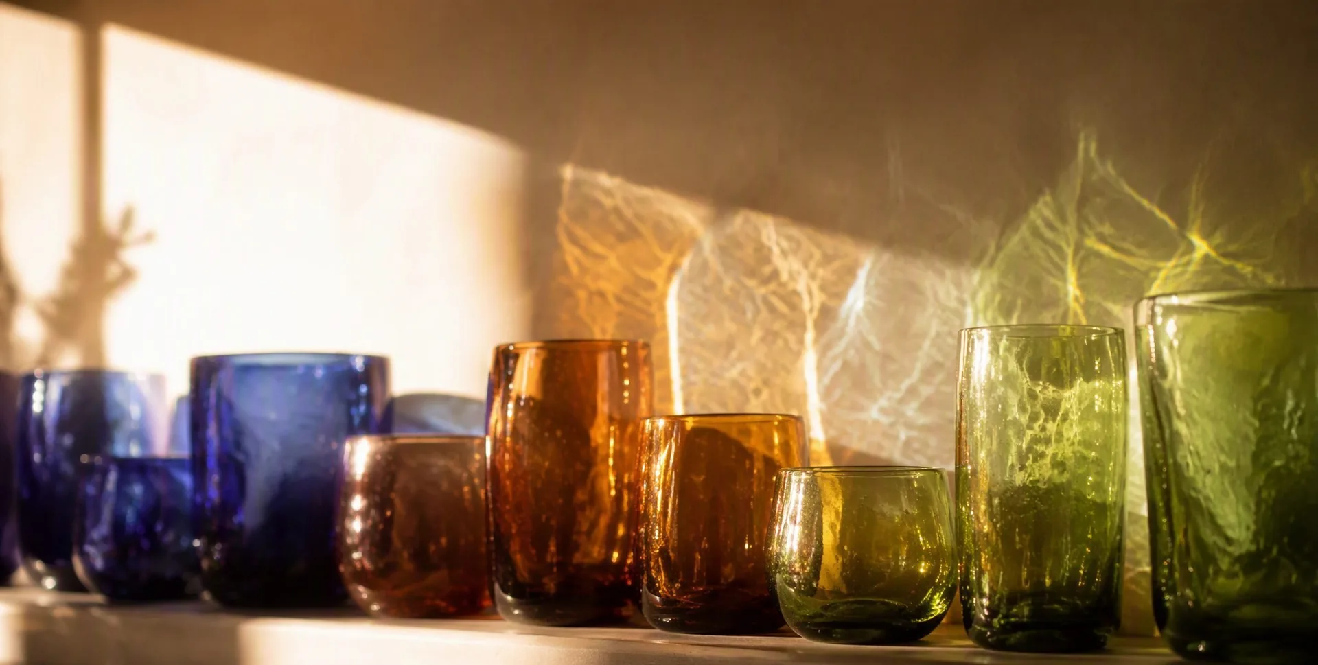 Three colored glass vessels displayed side by side under soft lighting