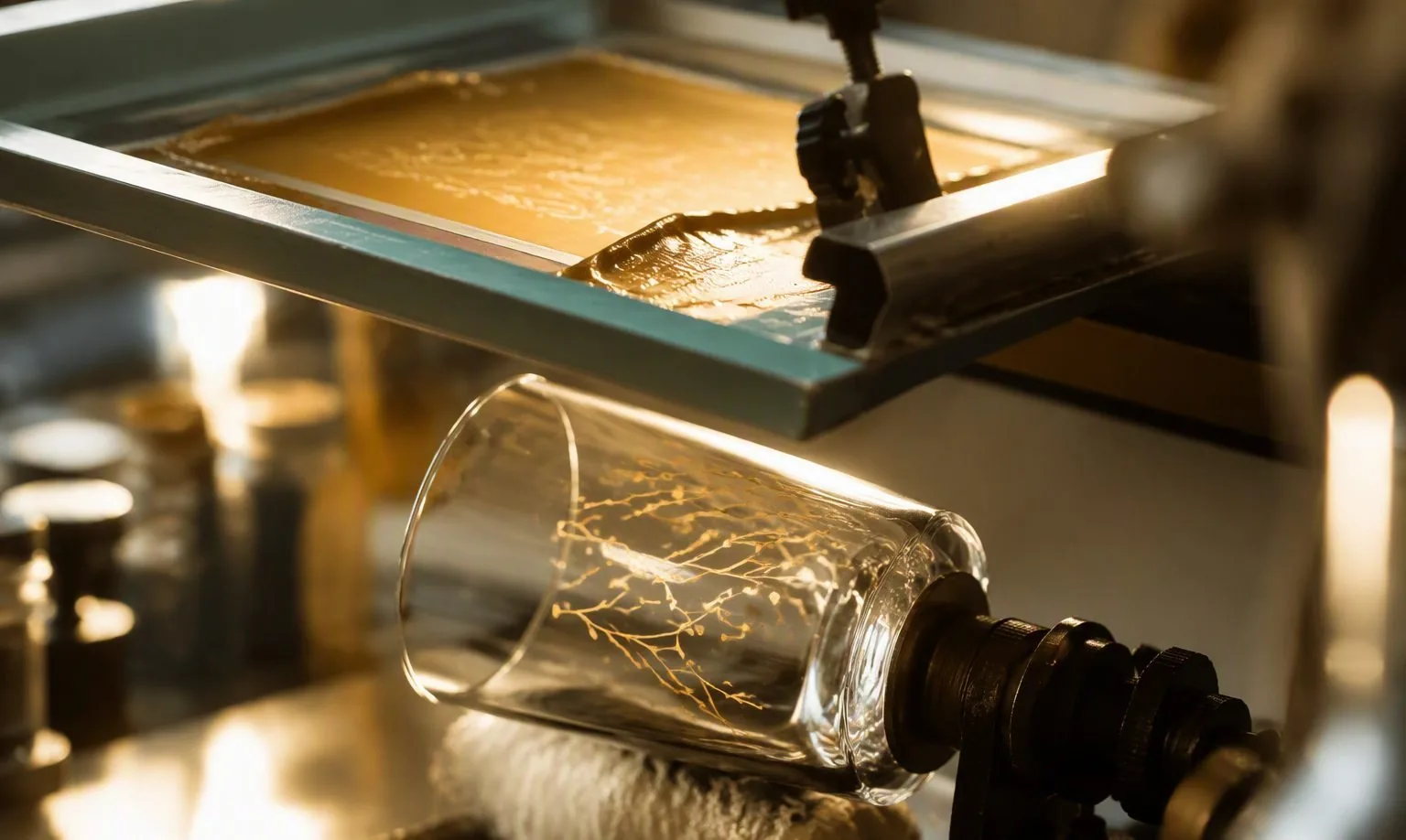 Craftsman inspecting logo detail on a glass tumbler