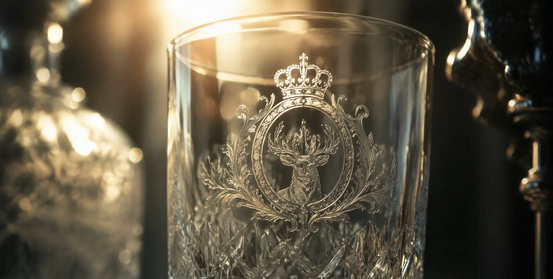 Close-up of six differently branded glass tumblers side by side