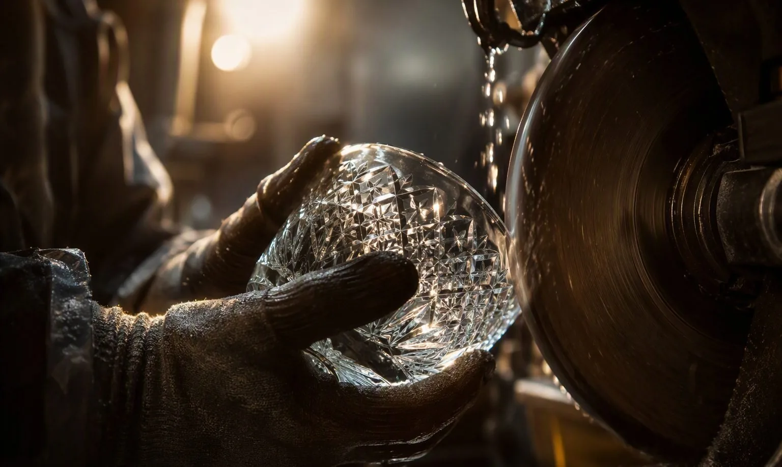 Artisan guiding a copper wheel against a crystal tumbler wall