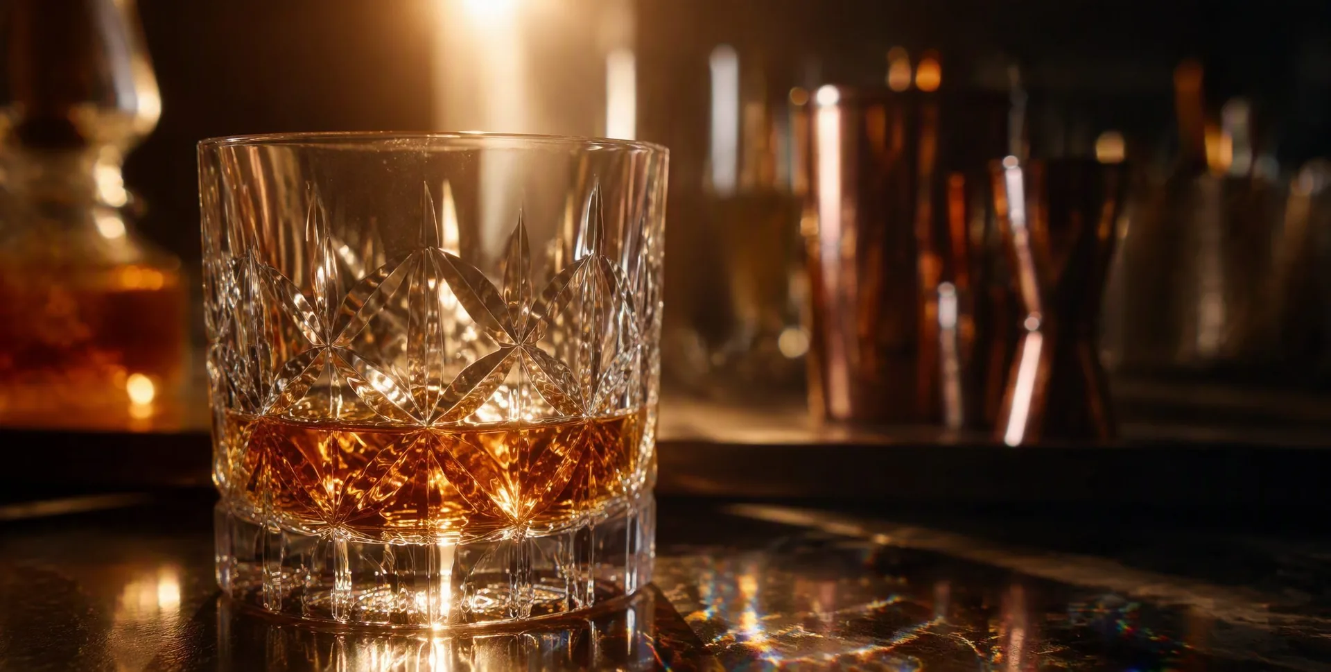 Close-up of a crystal whisky tumbler, cut facets refracting cool white light