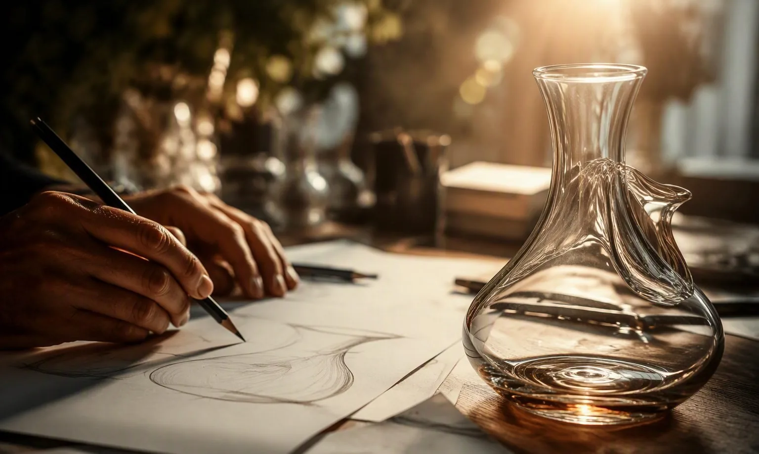 Artisan comparing a design sketch with a glass sample