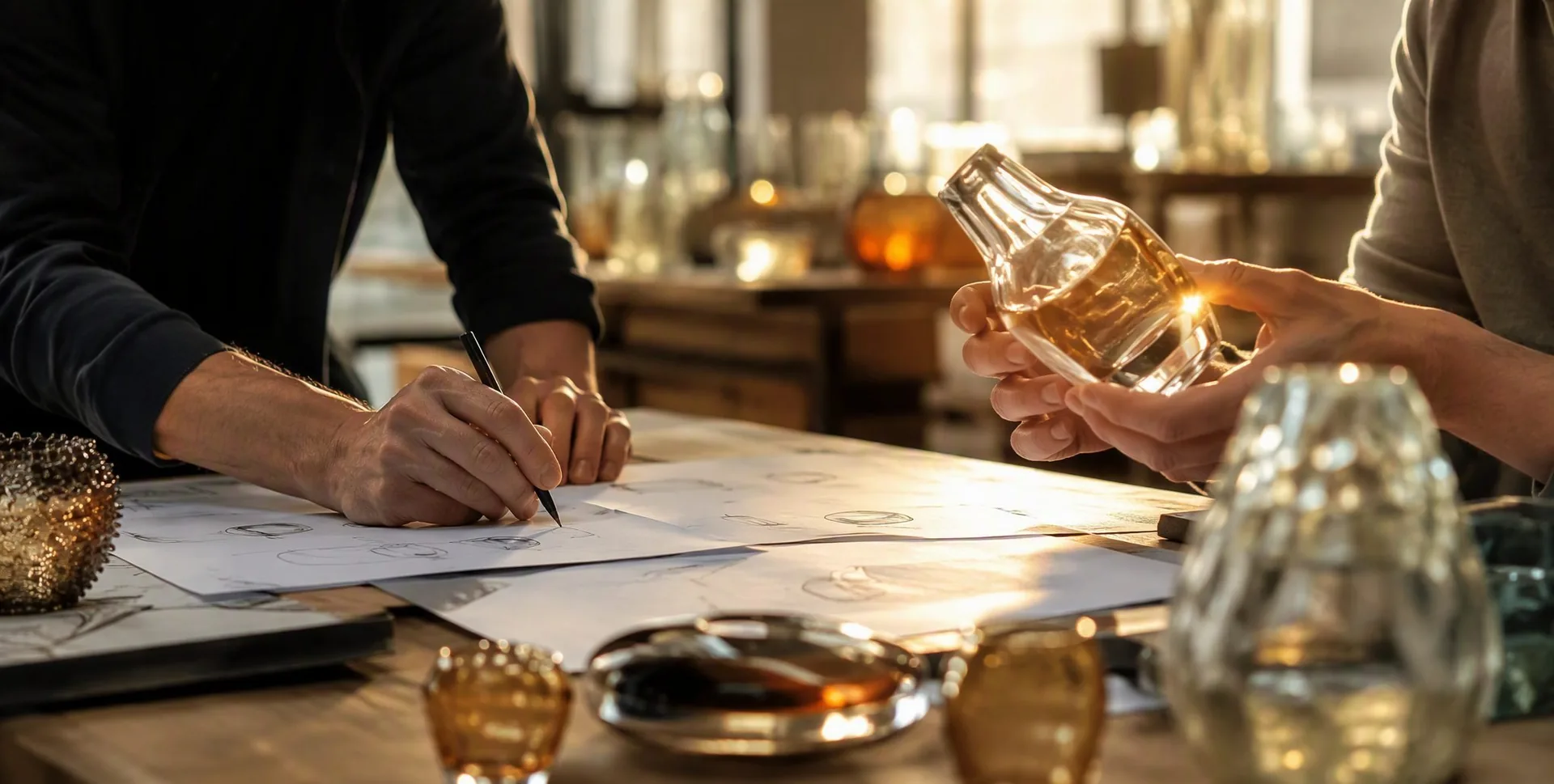 Artisan holding a hand-blown glass, warm light reflecting off the surface
