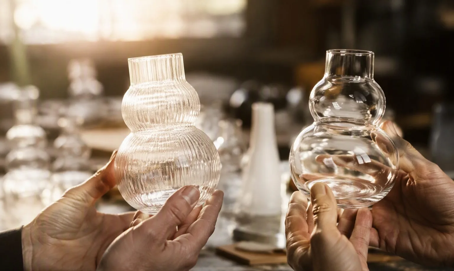 A master glassmaker holds a blowpipe up to the light, inspecting the cup's wall thickness