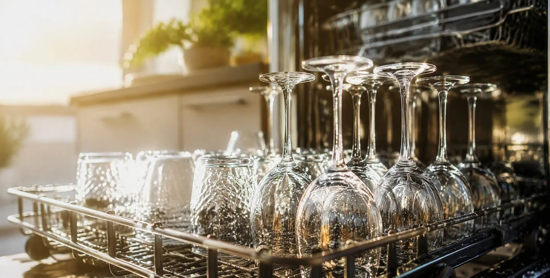A gold-rimmed tumbler inside a commercial dishwasher rack