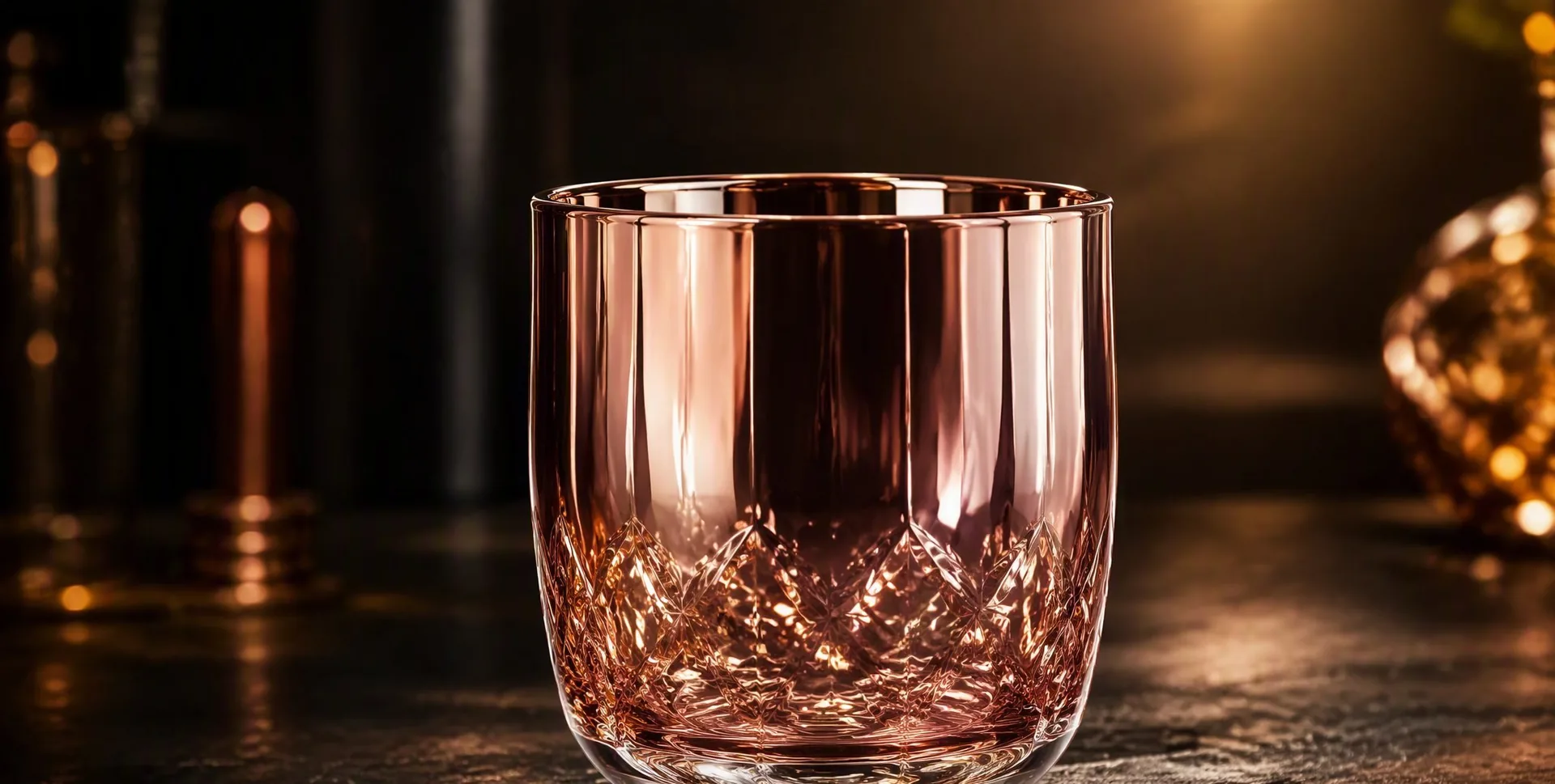 A gold PVD-coated glass catching warm light with a soft metallic sheen