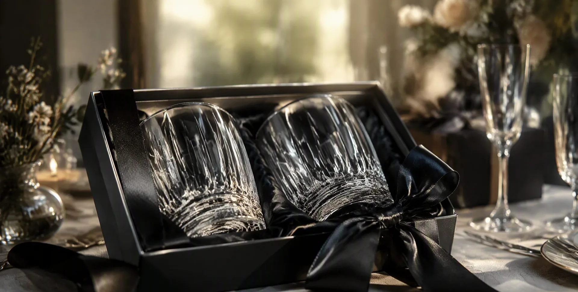 Hand-blown glass cup centered in an elegant gift box
