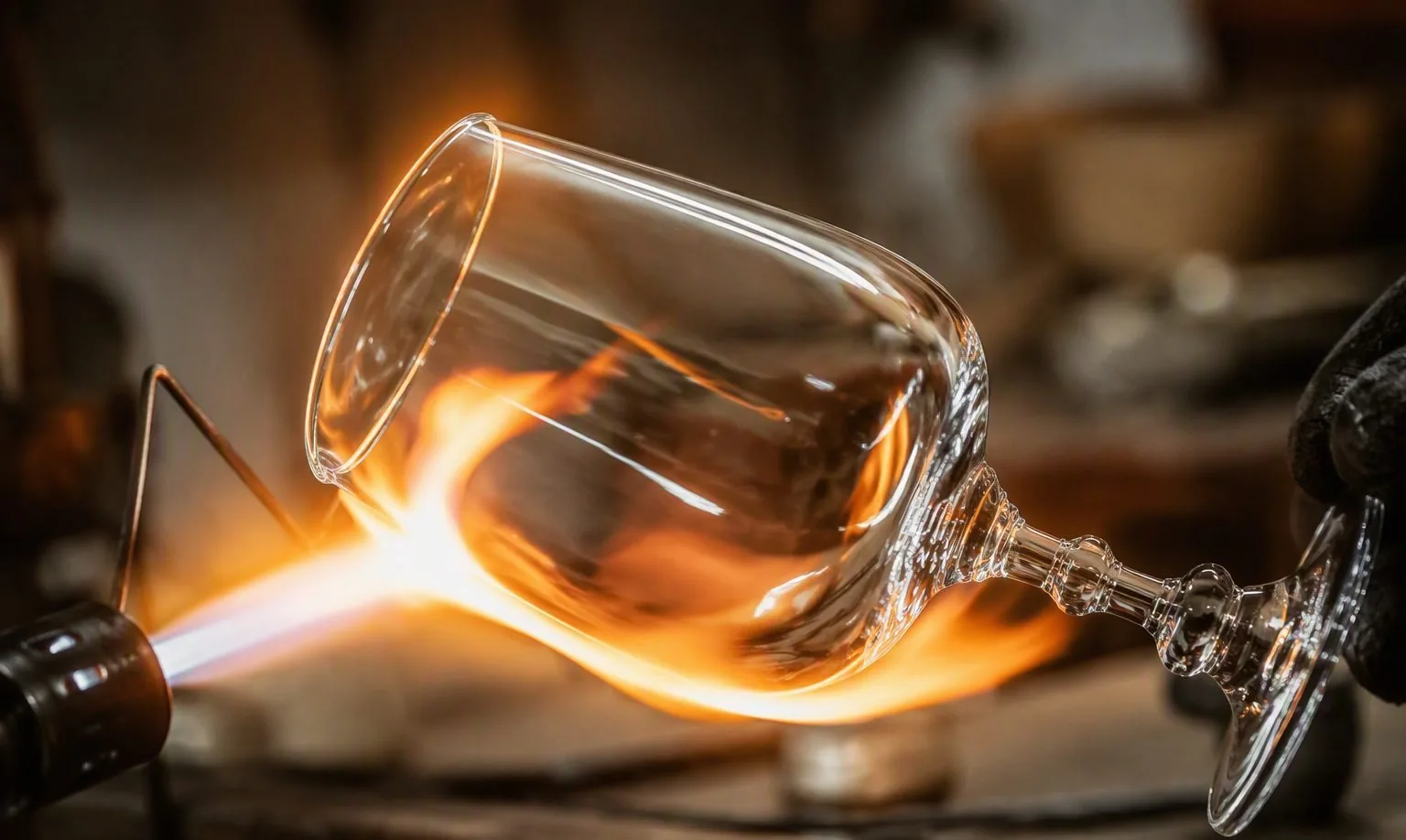 A craftsperson guides glassware along a fire-polishing line