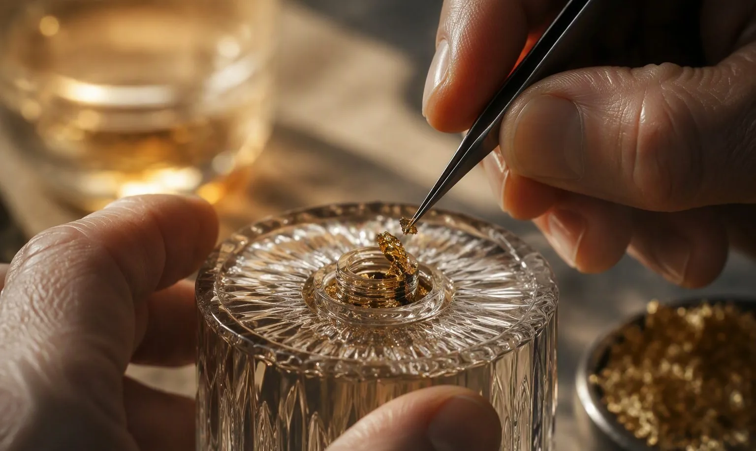 A craftsman placing gold leaf into the molten glass at the base