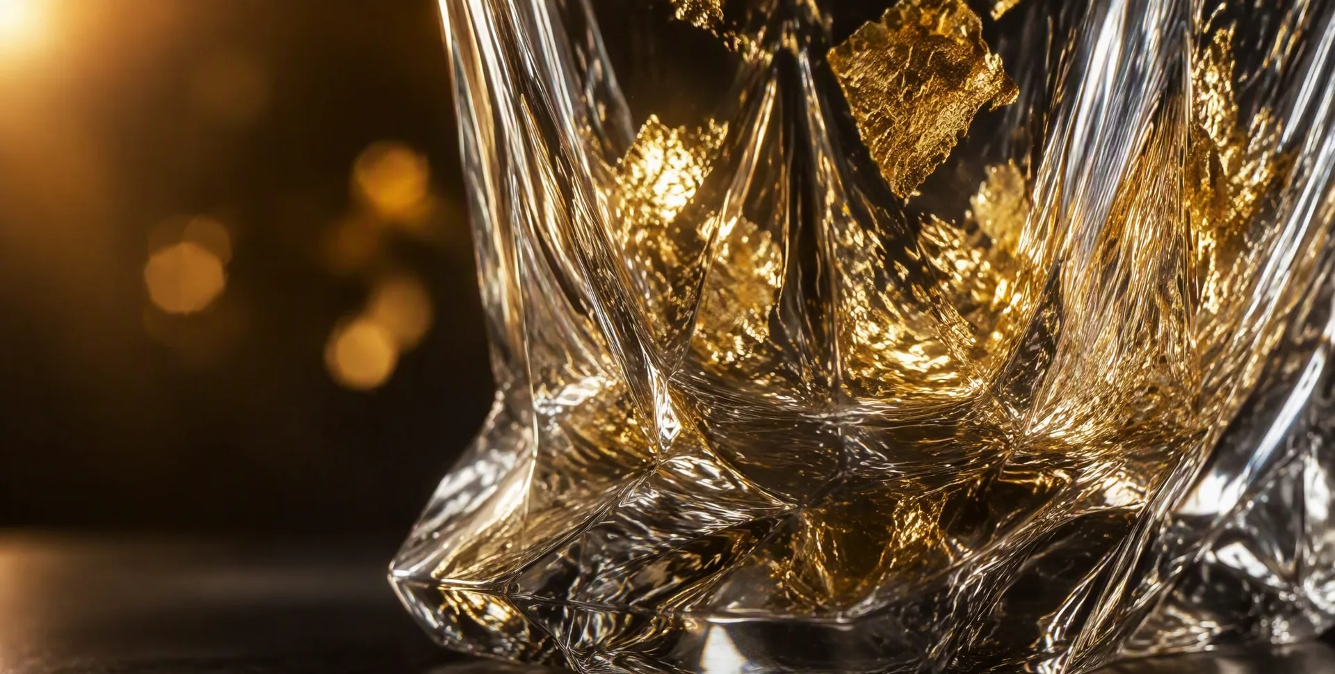 Gold leaf resting at the base of a glass, light filtering through amber-toned glass