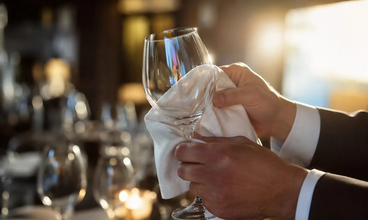 An artisan hand-blowing the bowl of a red wine glass beside the furnace