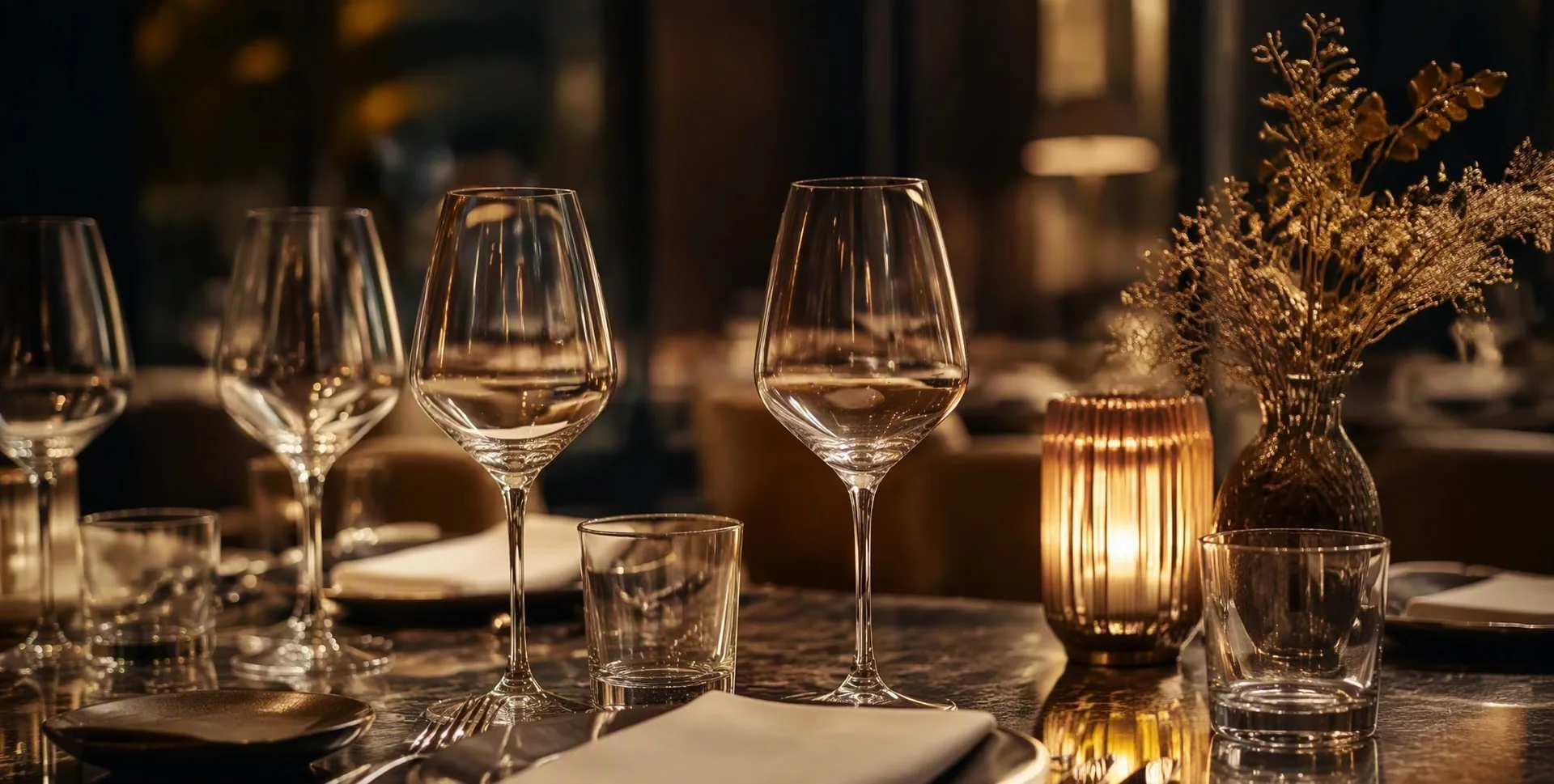An array of different glassware shapes and decanters arranged on a long table bathed in warm light