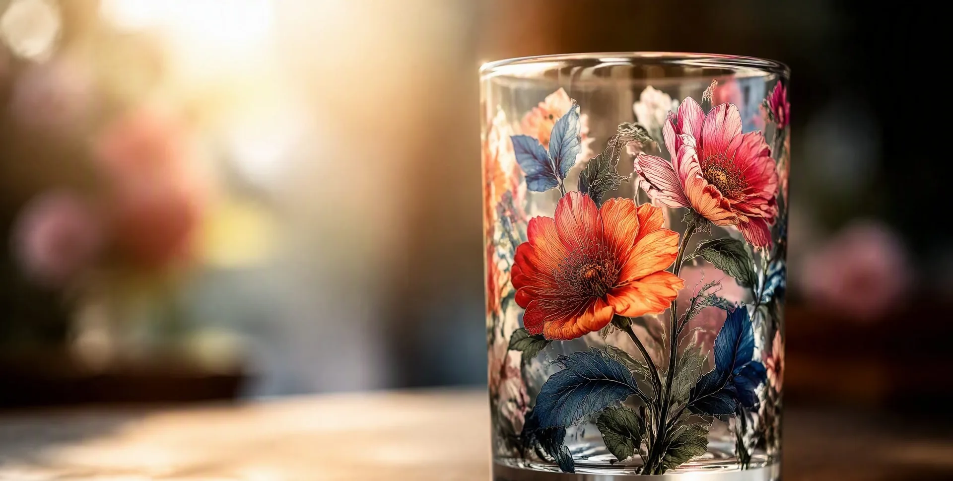 Glass tumblers glowing with warm hues inside a decorating lehr