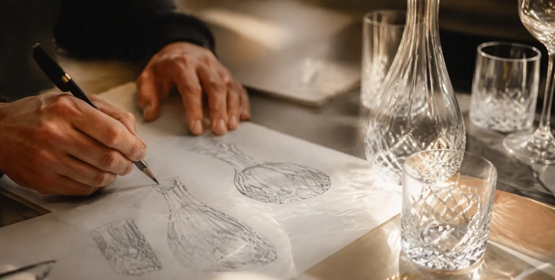 Craftsman holding a blowpipe, inspecting a glass silhouette against the light