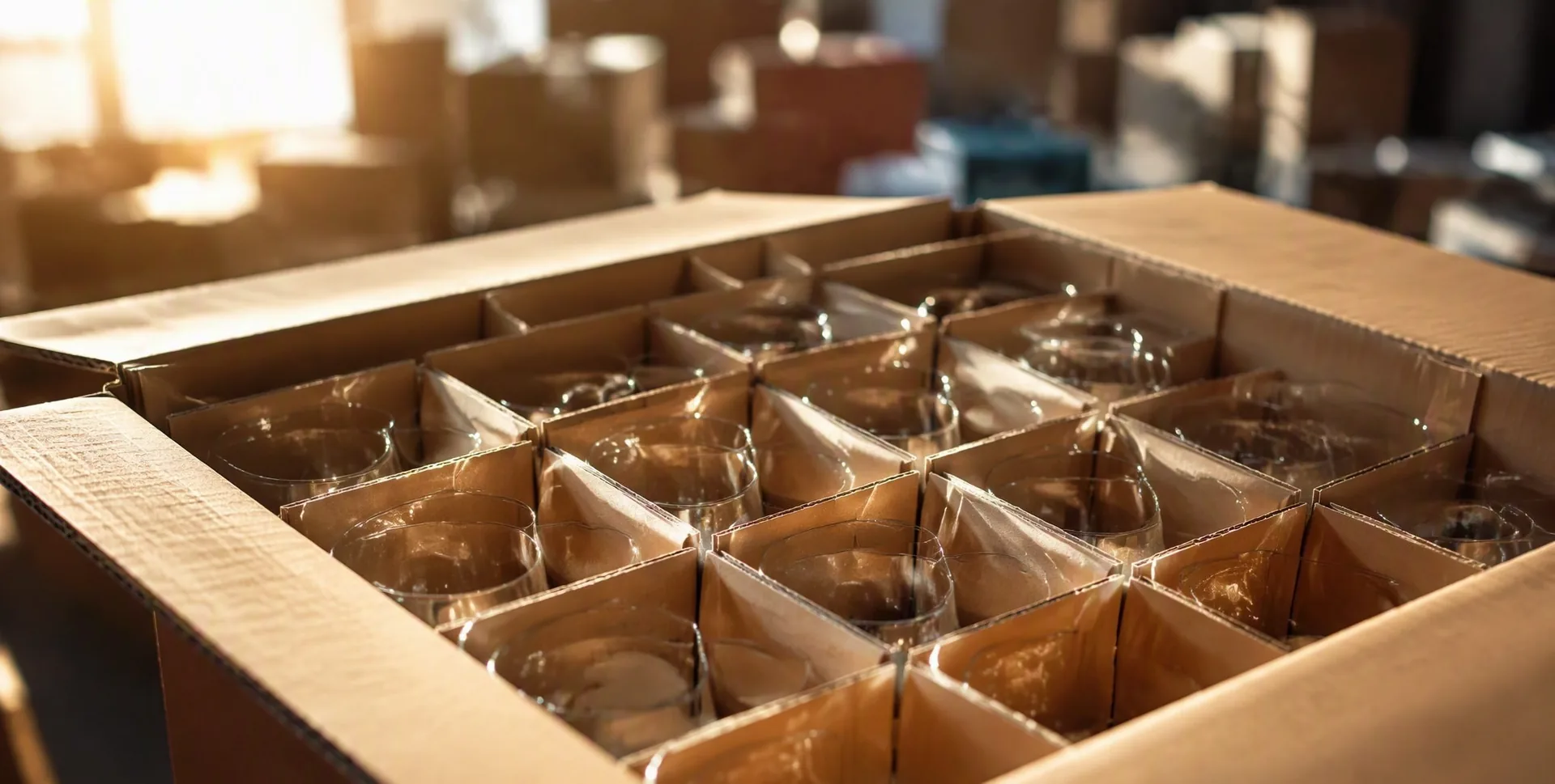 Corrugated shipping carton open, revealing a grid of glass tumblers secured by die-cut corrugated inserts