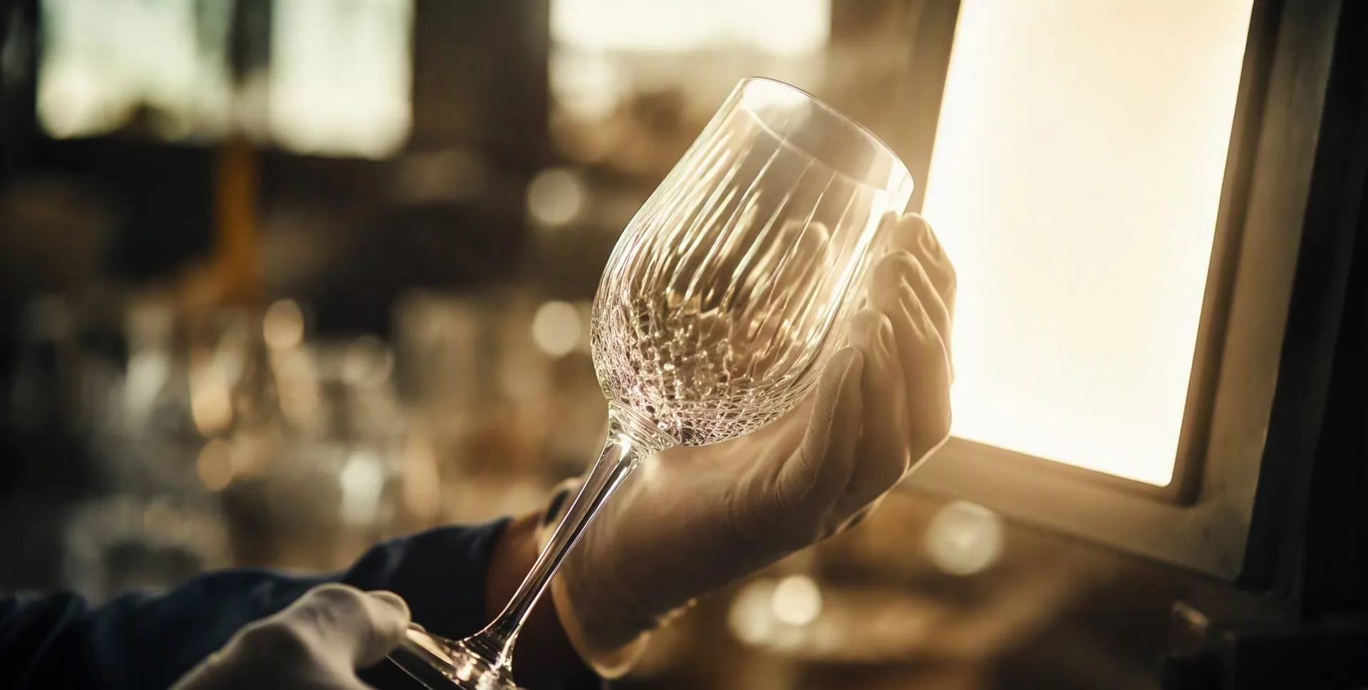 A craftsman holds up a crystal-clear wine glass under a cool-white inspection lamp
