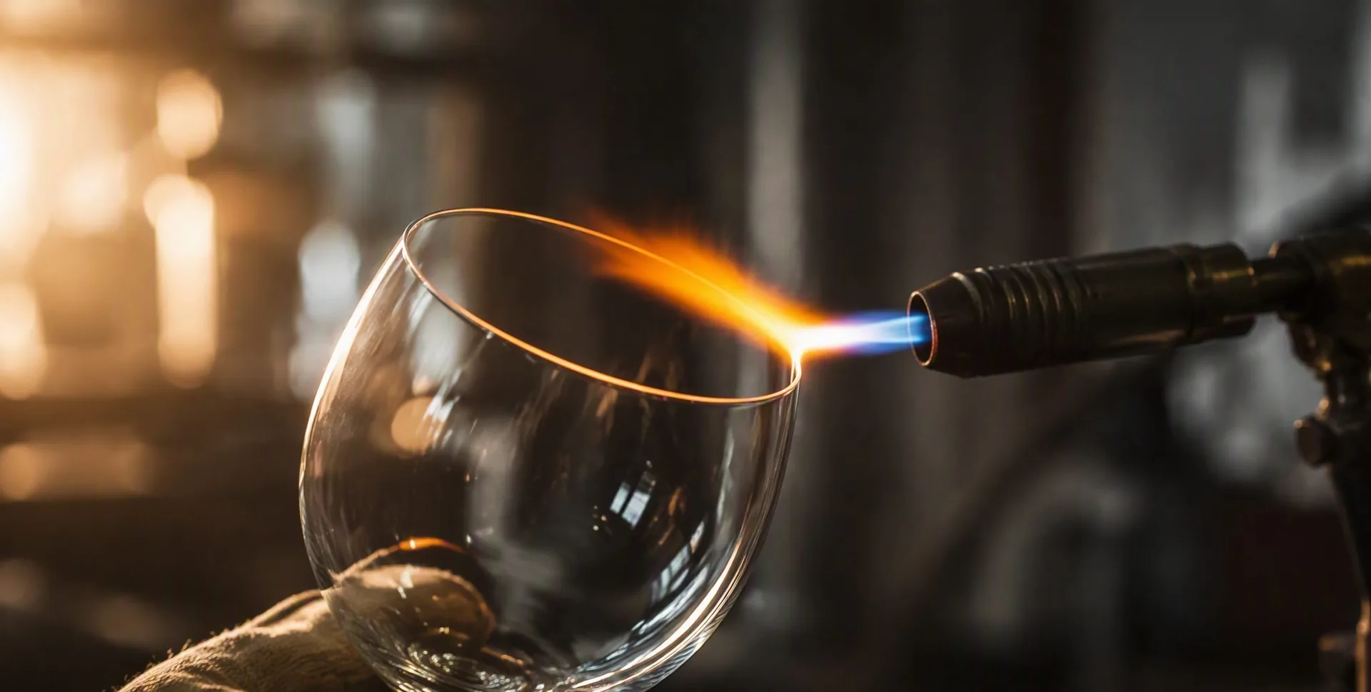 Flame gently kissing the rim of a glass, casting a soft glow along the edge