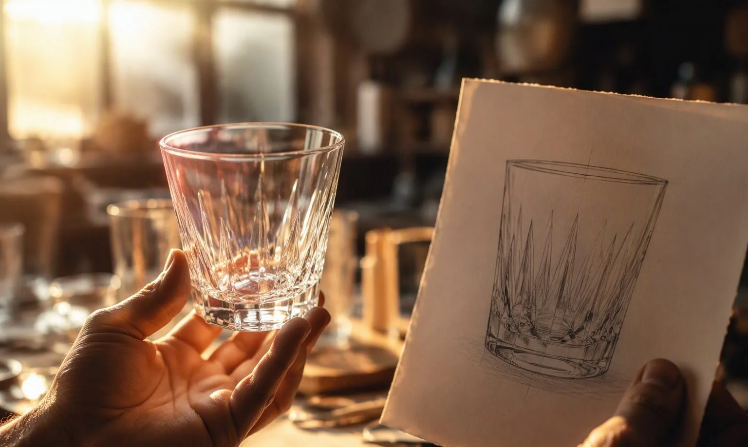 In the sampling workshop, an artisan compares a finished sample against the design blueprint