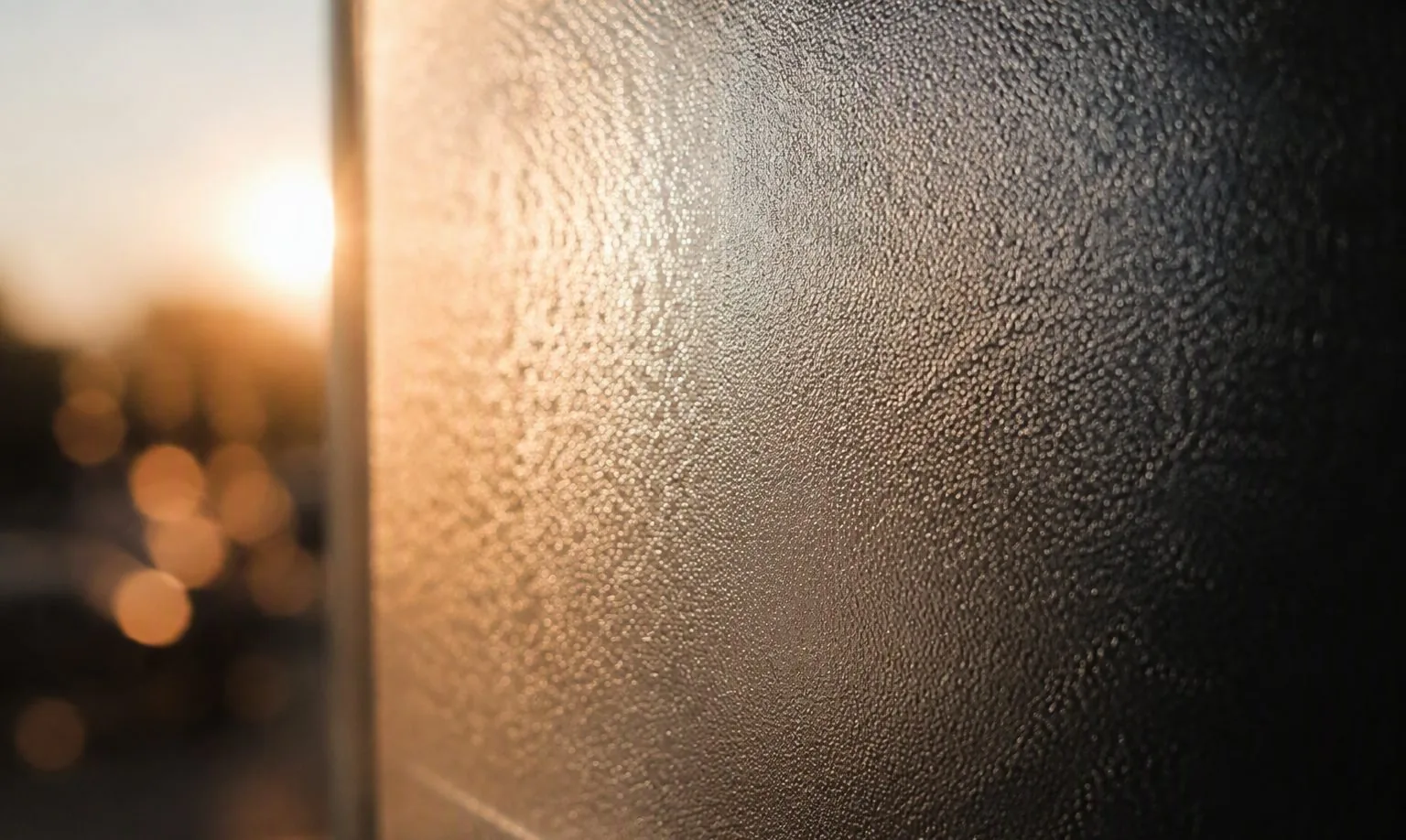 Craftsman holds an acid-etched glass at an angle, inspecting the surface texture under side lighting