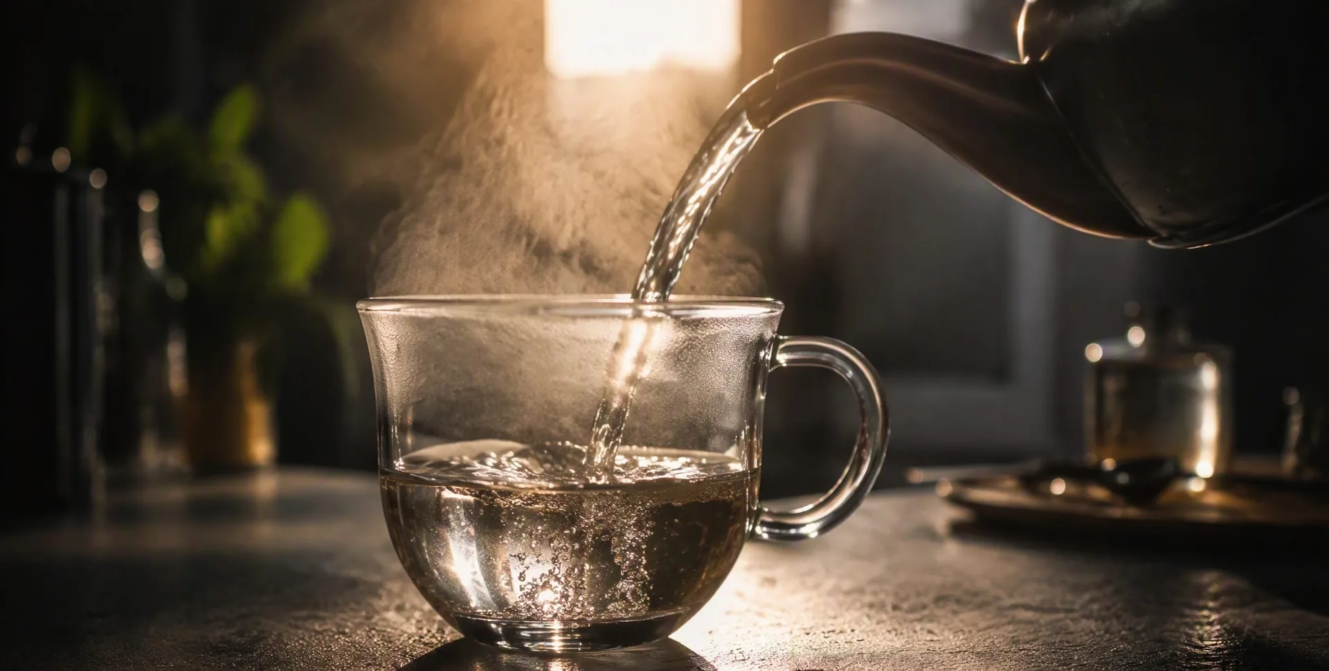 Boiling water poured from a cast-iron kettle into a clear glass, steam rising