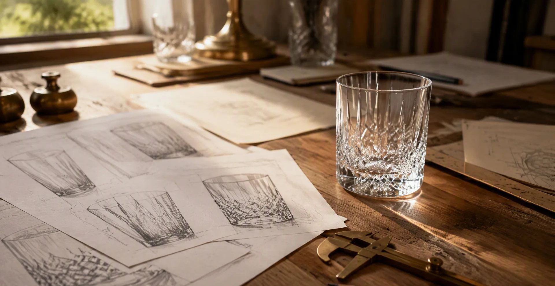 Design sketches beside a finished glass sample — the journey from drawing to vessel