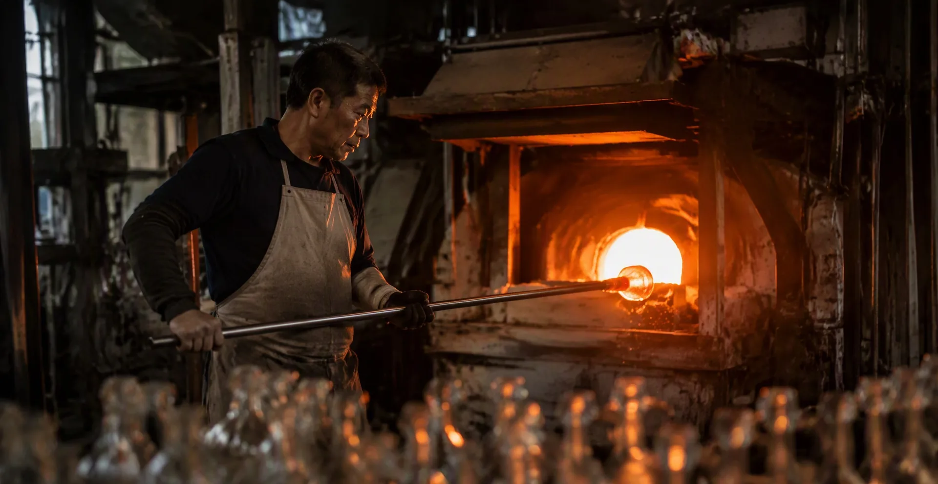 An artisan gathering molten glass at the furnace in Qixian — where mouth blowing begins