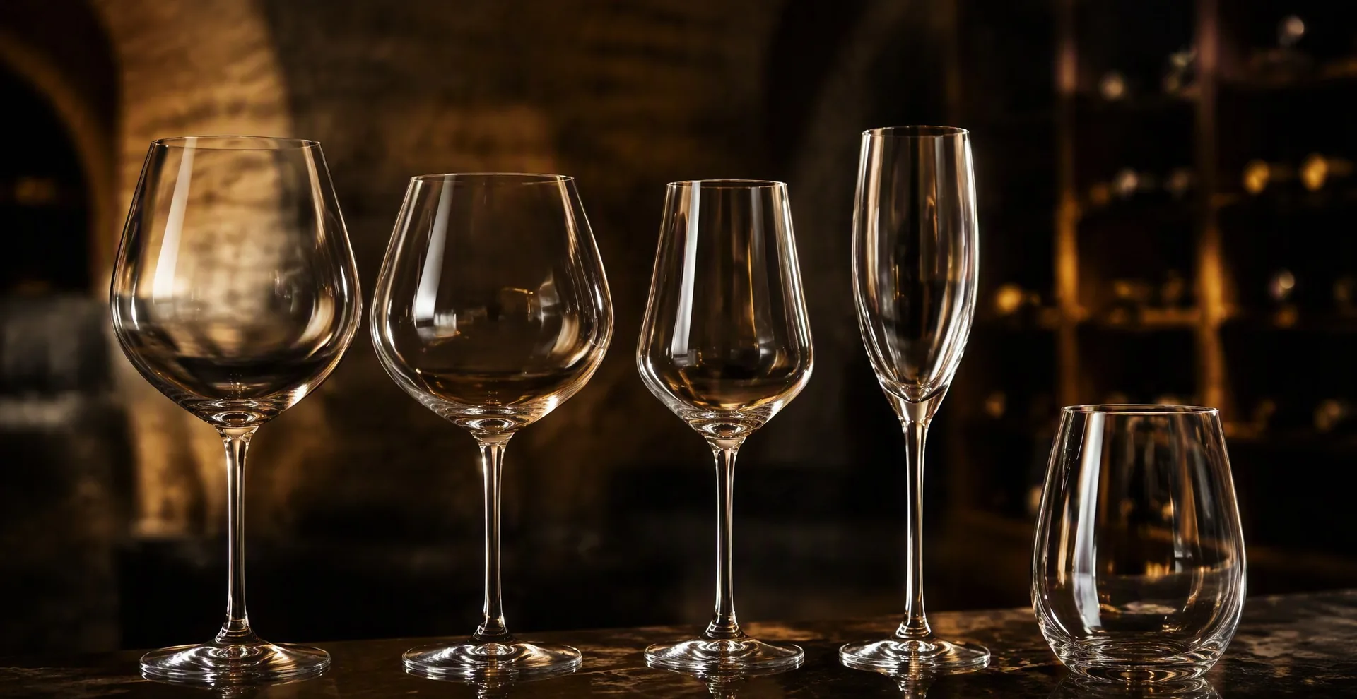 Wine glasses of different shapes against the light — shape decides how wine speaks